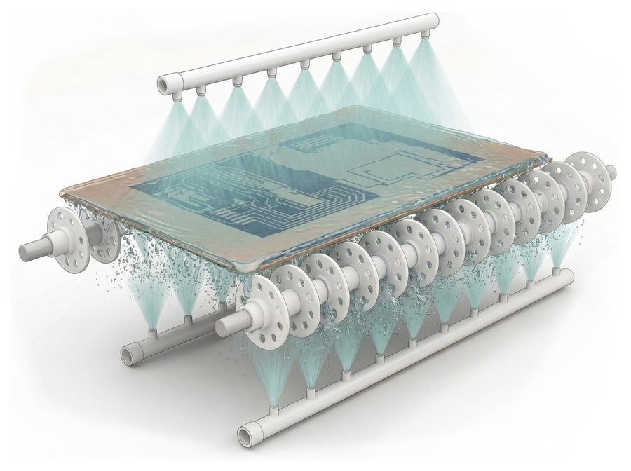 Top spray and bottom spray PCB wet processing illustration