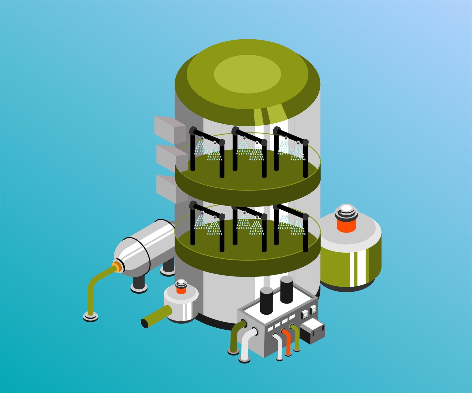 Menara pengolahan limbah menggunakan nozzle untuk menyemprotkan bahan kimia, mengubah zat berbahaya yang dihasilkan selama pembuatan semikonduktor menjadi senyawa yang stabil dan mudah diolah.