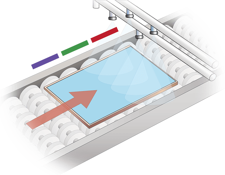 Zone-tuned nozzle setup illustration with leading, center, and trailing edge zones marked