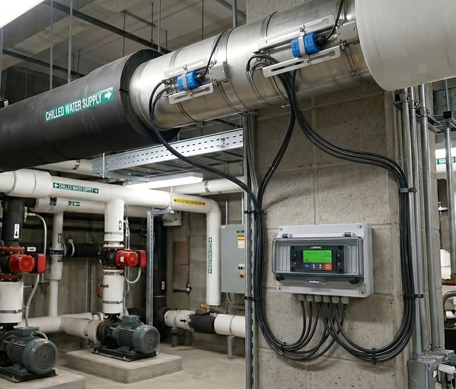 LORRIC FU-TX320 clamp-on ultrasonic flow meter monitoring a chilled water loop in an HVAC plant room